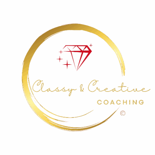 Classy and Creative Coaching logo featuring a gold circular design with a red diamond icon on a transparent background.