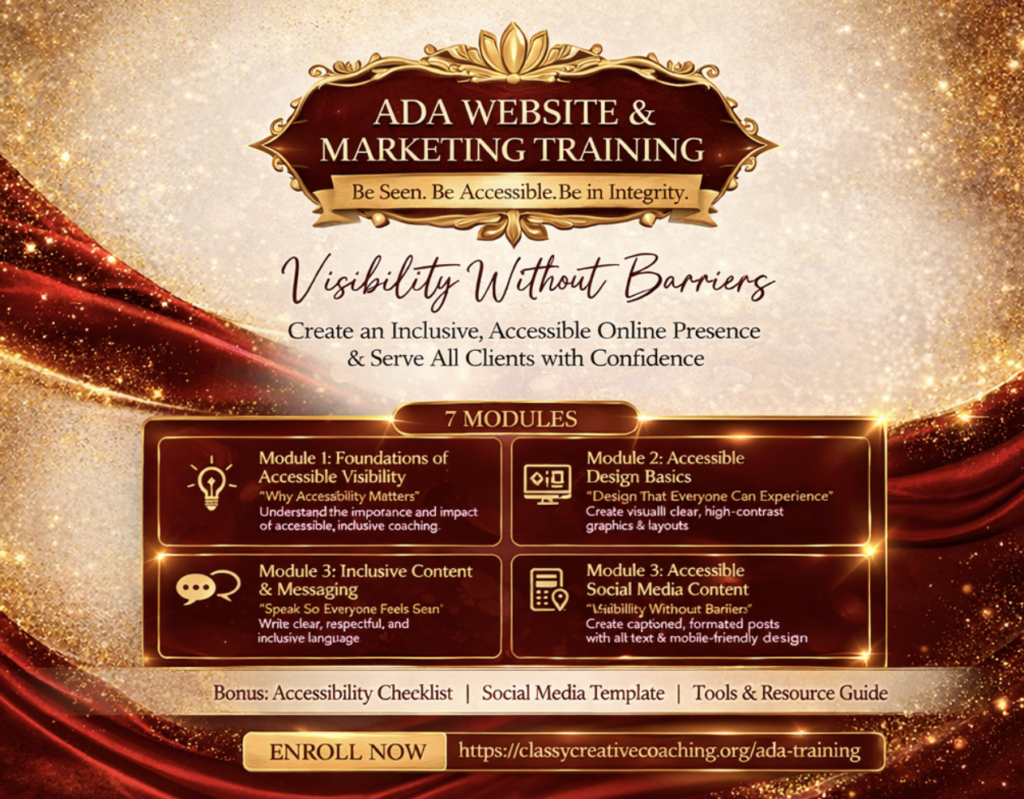 ADA Website and Marketing Training flyer highlighting accessibility, inclusive design, and modules for building compliant online presence.