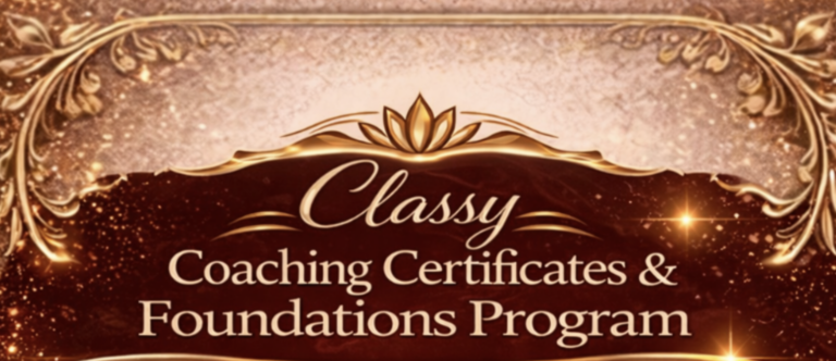 Classy Coaching Certificates and Foundations Program header with gold typography on a rich red and gold decorative background.