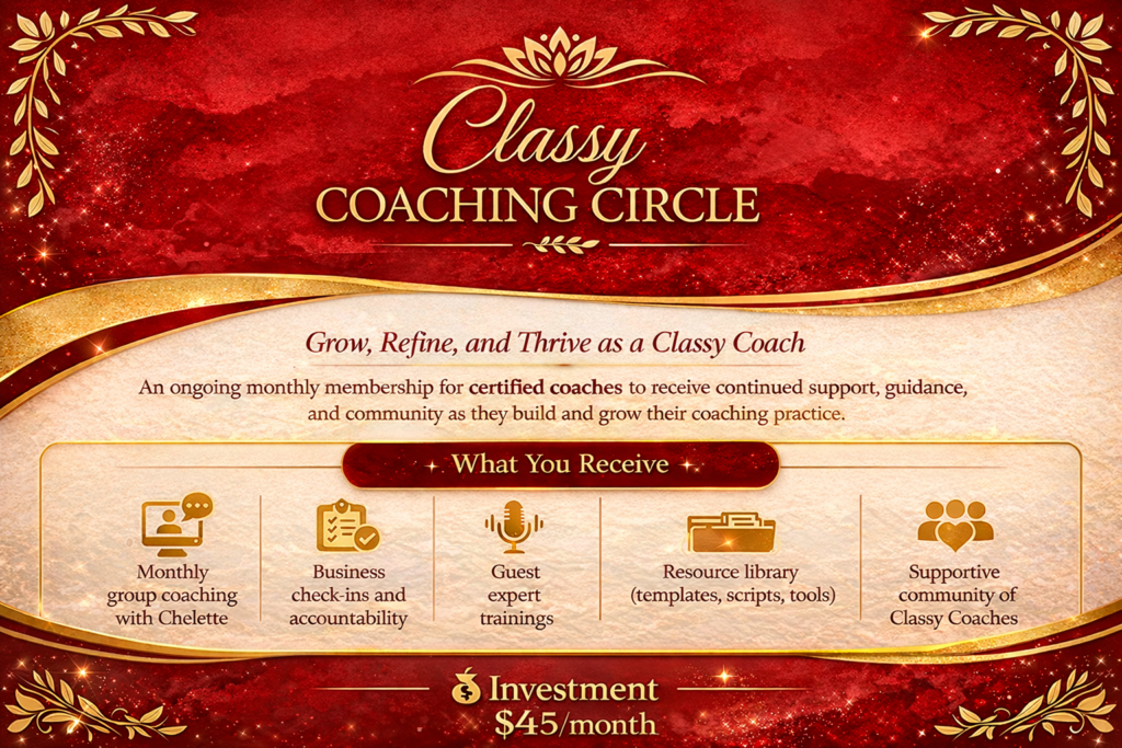Classy Coaching Circle membership flyer with benefits, monthly investment, and gold icons on a red background.