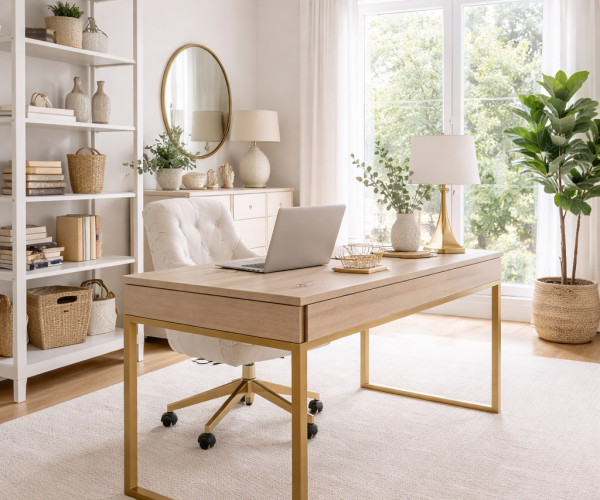 Minimalist home office setup with light wood desk, shelving, plants, and natural sunlight in a modern neutral space.